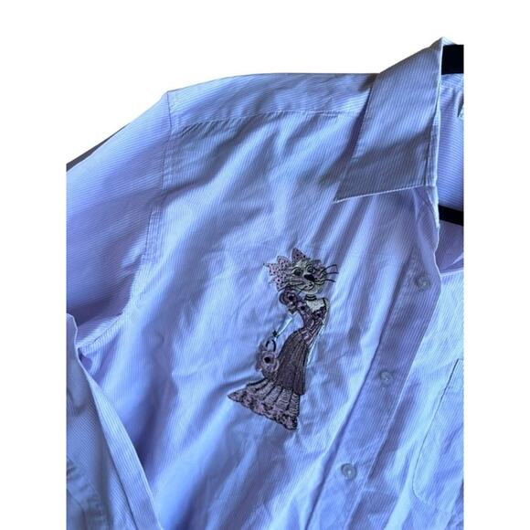 PTNY Vintage Women's Blouse Cat Embroidered Button Up Purple Striped Size Large - Picture 9 of 10